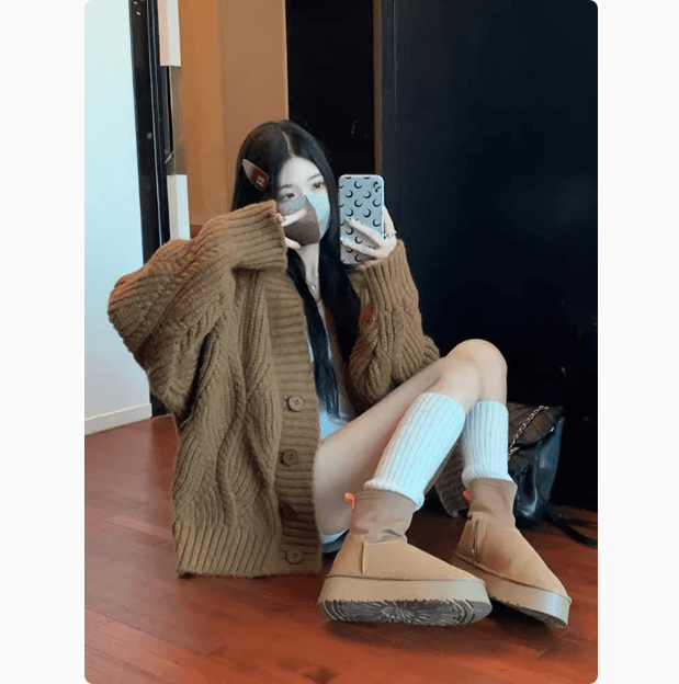 한국 스타일 가을 겨울 따뜻한 전화 느긋한 바람 단색 V넥 긴팔 두꺼운 스웨터 카디건 코트 상세 이미지 1