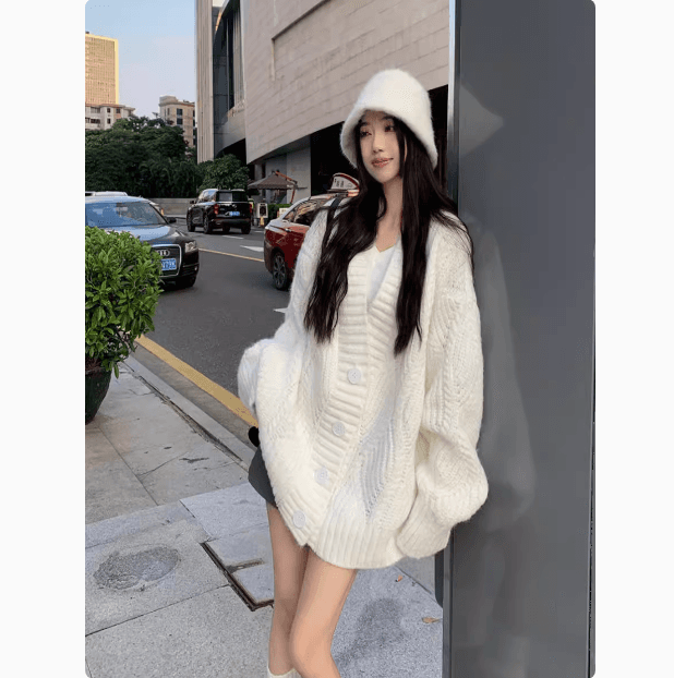 한국 스타일 가을 겨울 따뜻한 전화 느긋한 바람 단색 V넥 긴팔 두꺼운 스웨터 카디건 코트 상세 이미지 2
