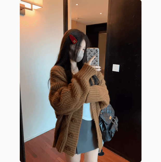한국 스타일 가을 겨울 따뜻한 전화 느긋한 바람 단색 V넥 긴팔 두꺼운 스웨터 카디건 코트 상세 이미지 3