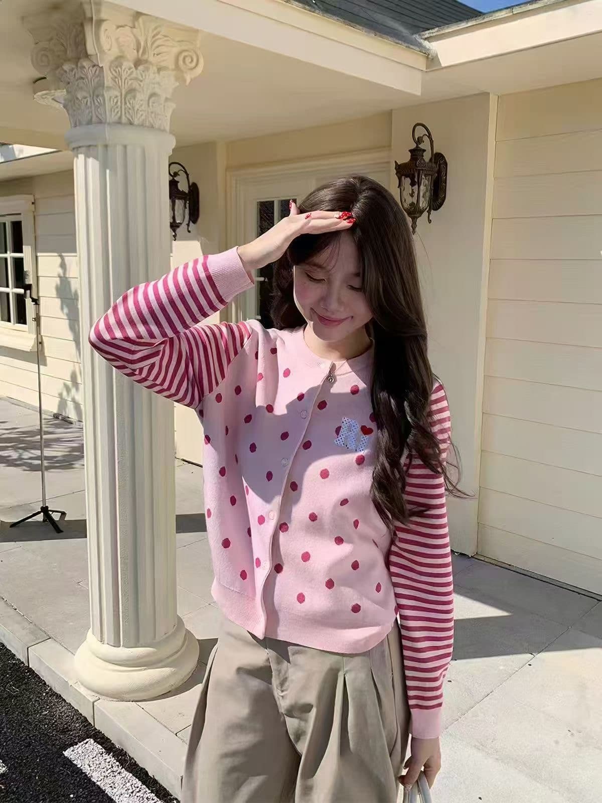 활기찬 계획 오리지널 아메리칸 레트로 도트 무늬 오픈 가디건 스웨터 코트 여성 짧은 캐주얼 다용도 부드러운 찹쌀 니트 스웨터 상세 이미지 1