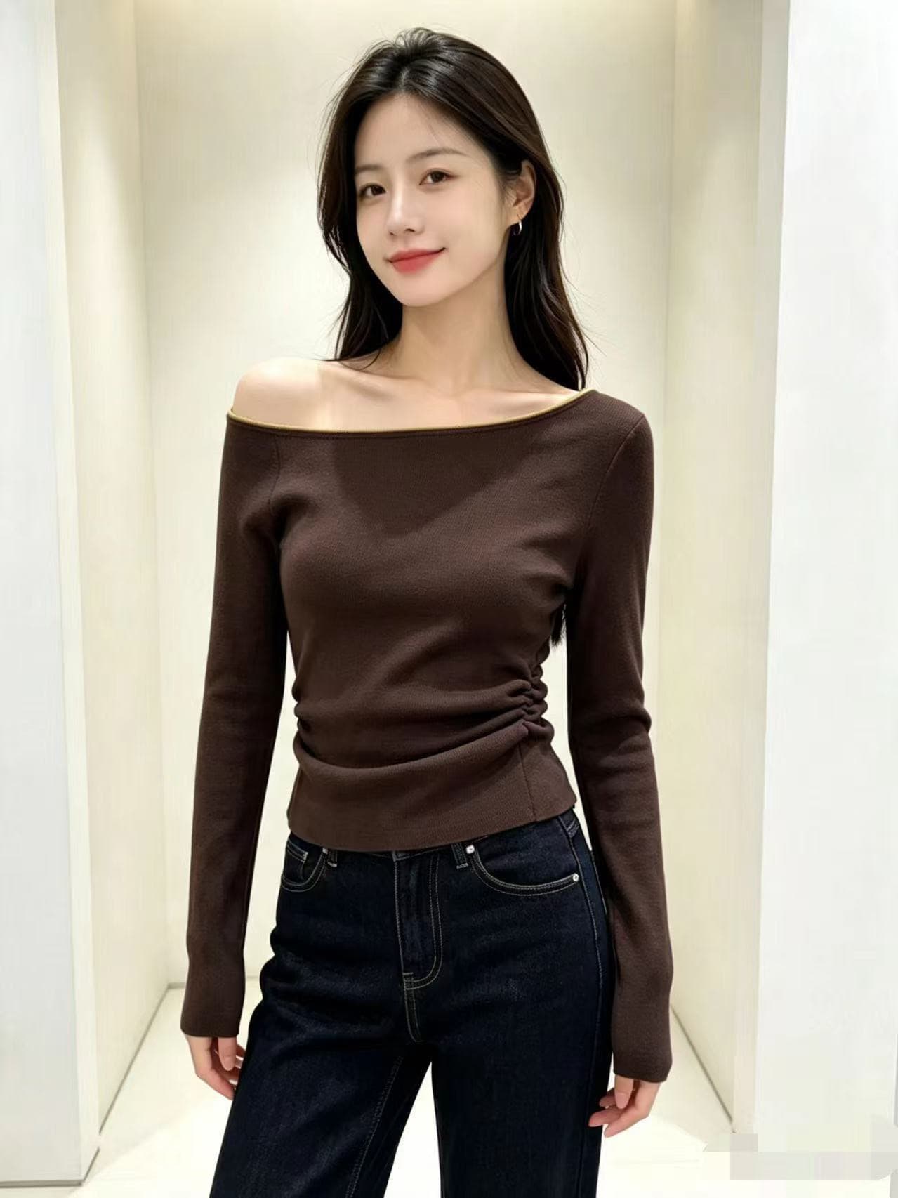 보트넥 니트 스웨터 여성 가을 새로운 미니멀리즘 오프숄더 기본 셔츠 꼬집기 허리 몸매 가꾸기 슬림해 보이는 맨위 상세 이미지 1