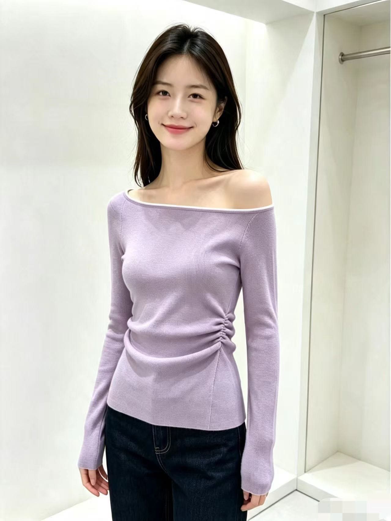 보트넥 니트 스웨터 여성 가을 새로운 미니멀리즘 오프숄더 기본 셔츠 꼬집기 허리 몸매 가꾸기 슬림해 보이는 맨위 상세 이미지 2