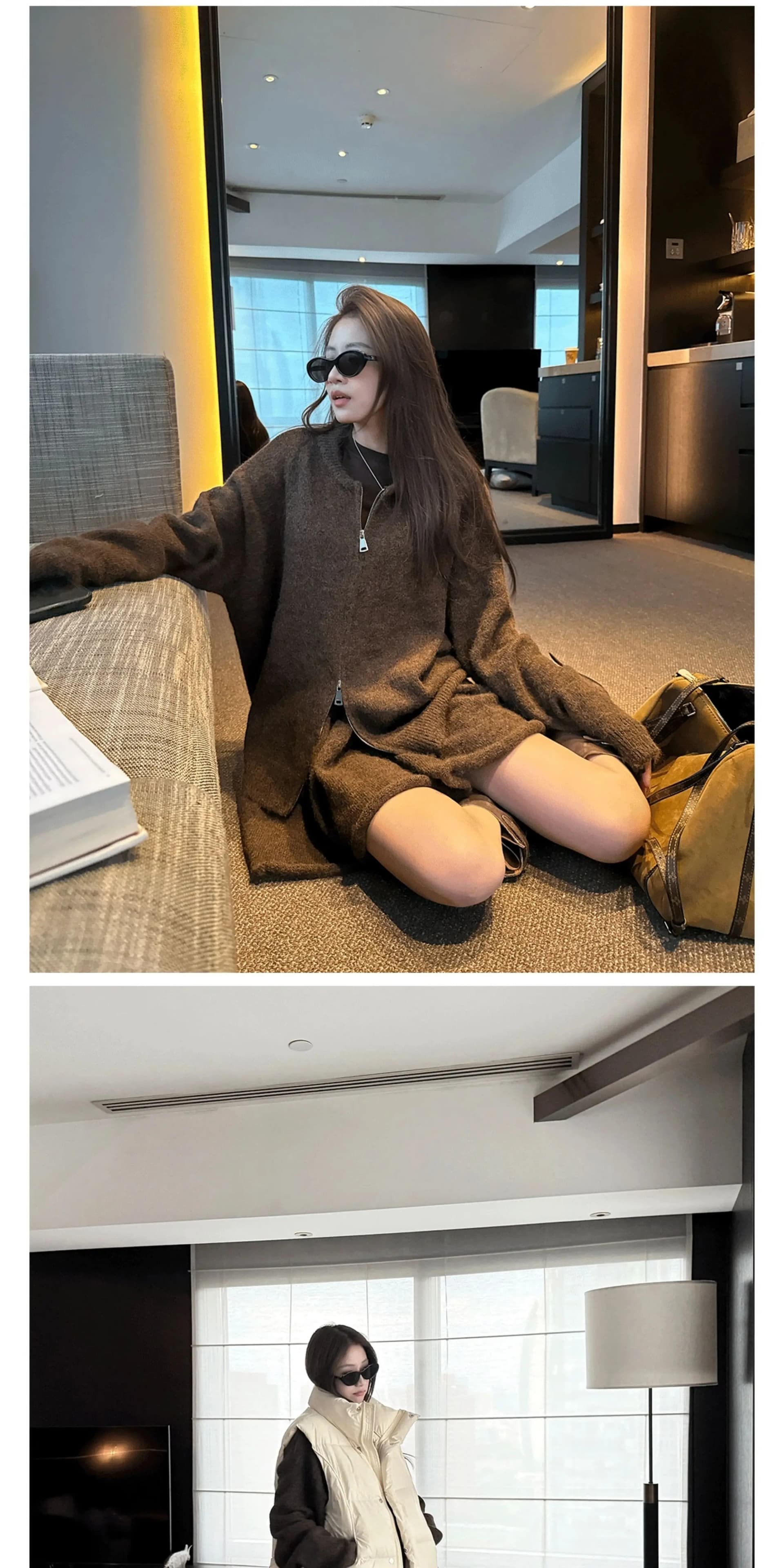 um 한 부서 니트 세트 여성 가을 겨울 양모 루즈핏 느긋한 지퍼 스웨터 오픈 가디건 반신 미니 스커트 투피스 세트 상세 이미지 7