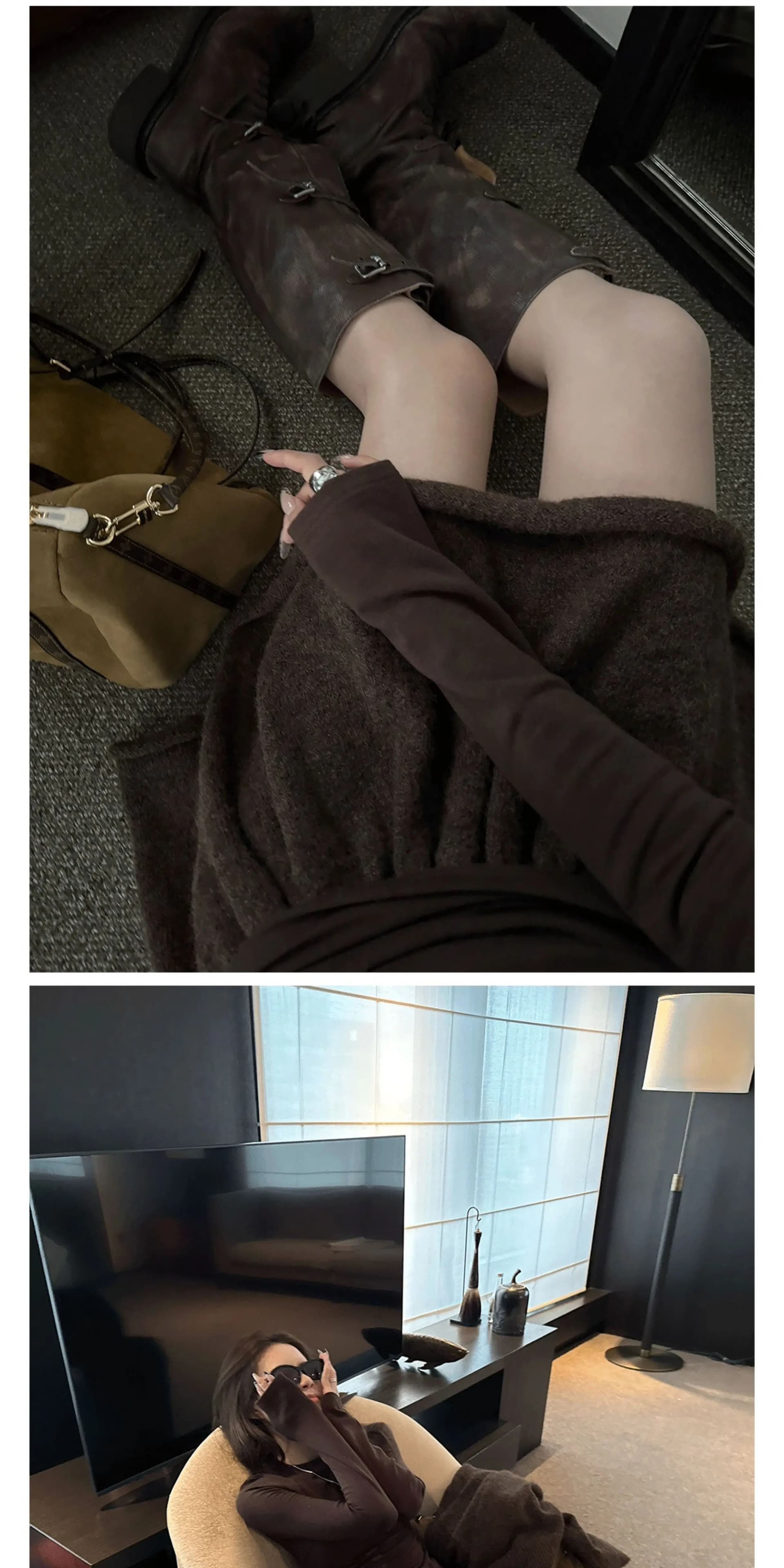 um 한 부서 니트 세트 여성 가을 겨울 양모 루즈핏 느긋한 지퍼 스웨터 오픈 가디건 반신 미니 스커트 투피스 세트 상세 이미지 9