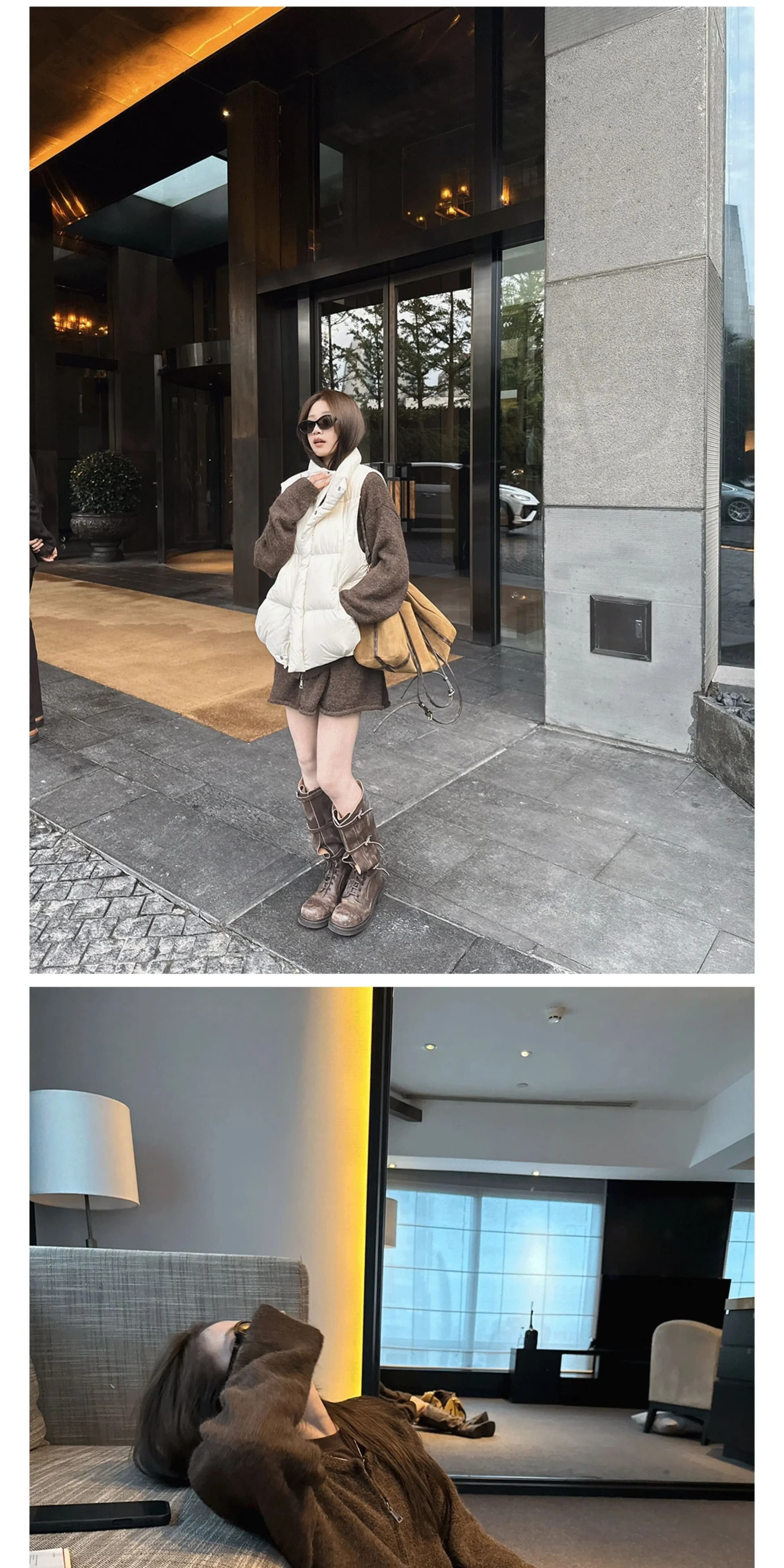 um 한 부서 니트 세트 여성 가을 겨울 양모 루즈핏 느긋한 지퍼 스웨터 오픈 가디건 반신 미니 스커트 투피스 세트 상세 이미지 11