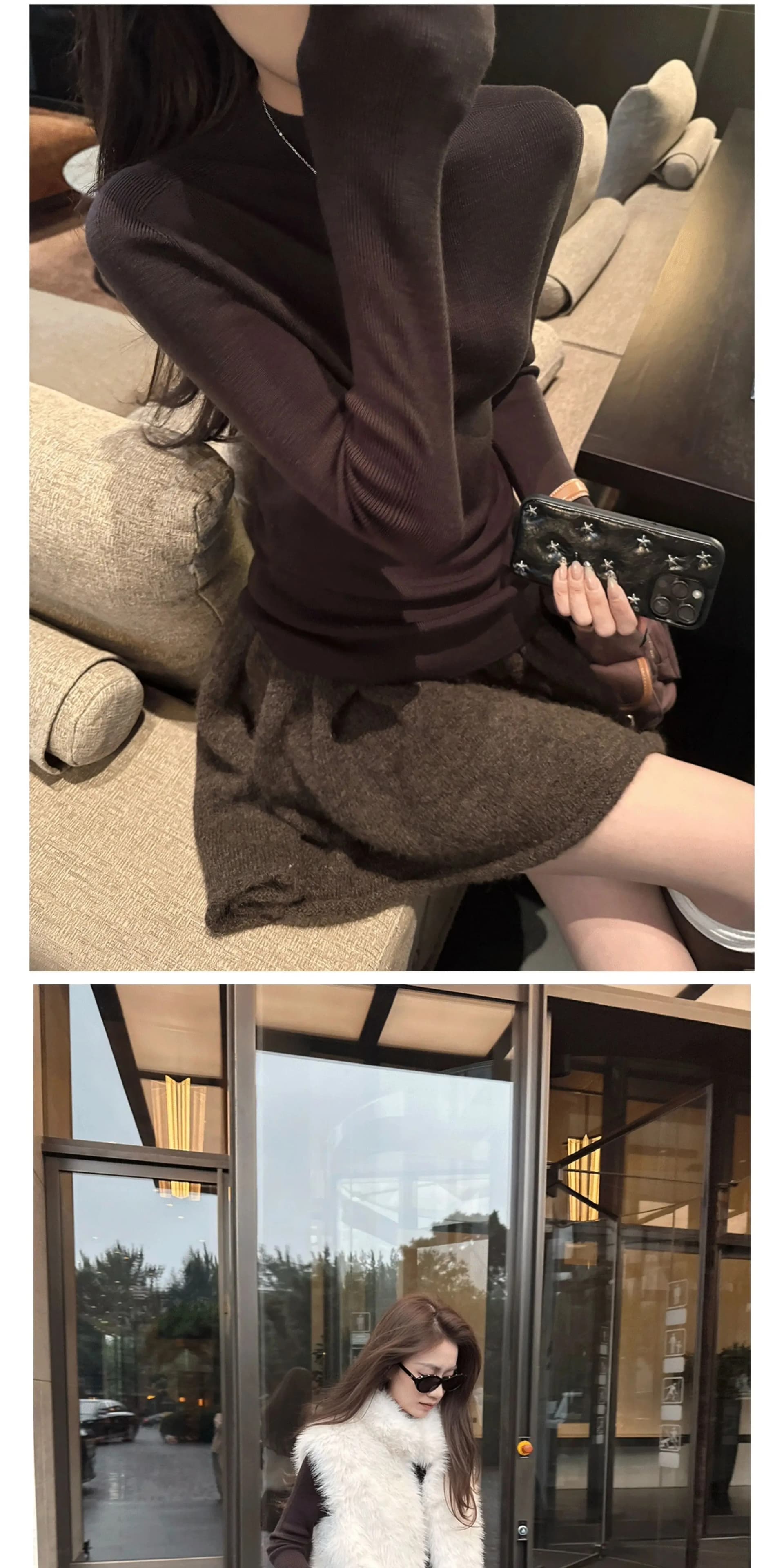 um 한 부서 니트 세트 여성 가을 겨울 양모 루즈핏 느긋한 지퍼 스웨터 오픈 가디건 반신 미니 스커트 투피스 세트 상세 이미지 23