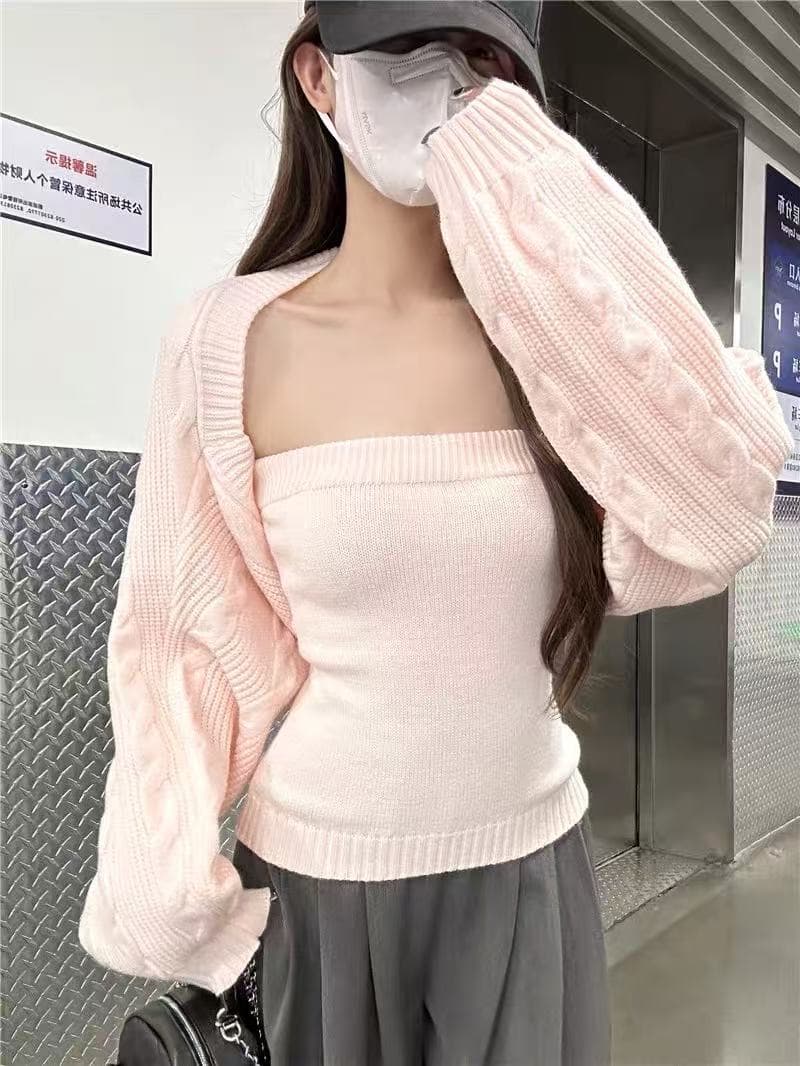 레트로 외국 가스 세련된 니트 오픈 가디건 튜브탑 슬립 투피스 슈트 연령 감소 전체 집합 ootd 착용 가져 가라. 26 가을 이미지 4