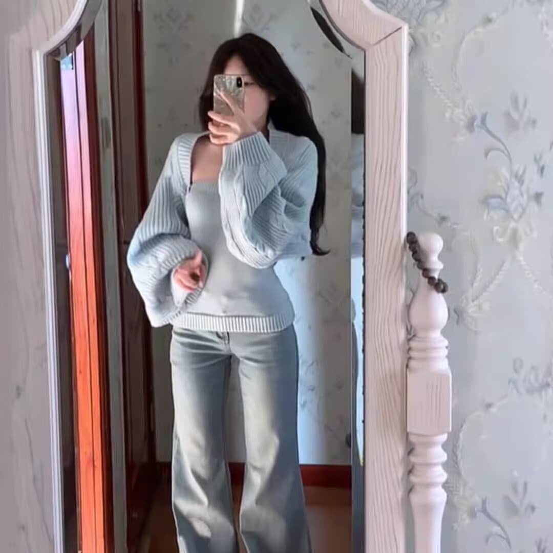레트로 외국 가스 세련된 니트 오픈 가디건 튜브탑 슬립 투피스 슈트 연령 감소 전체 집합 ootd 착용 가져 가라. 26 가을 이미지 5