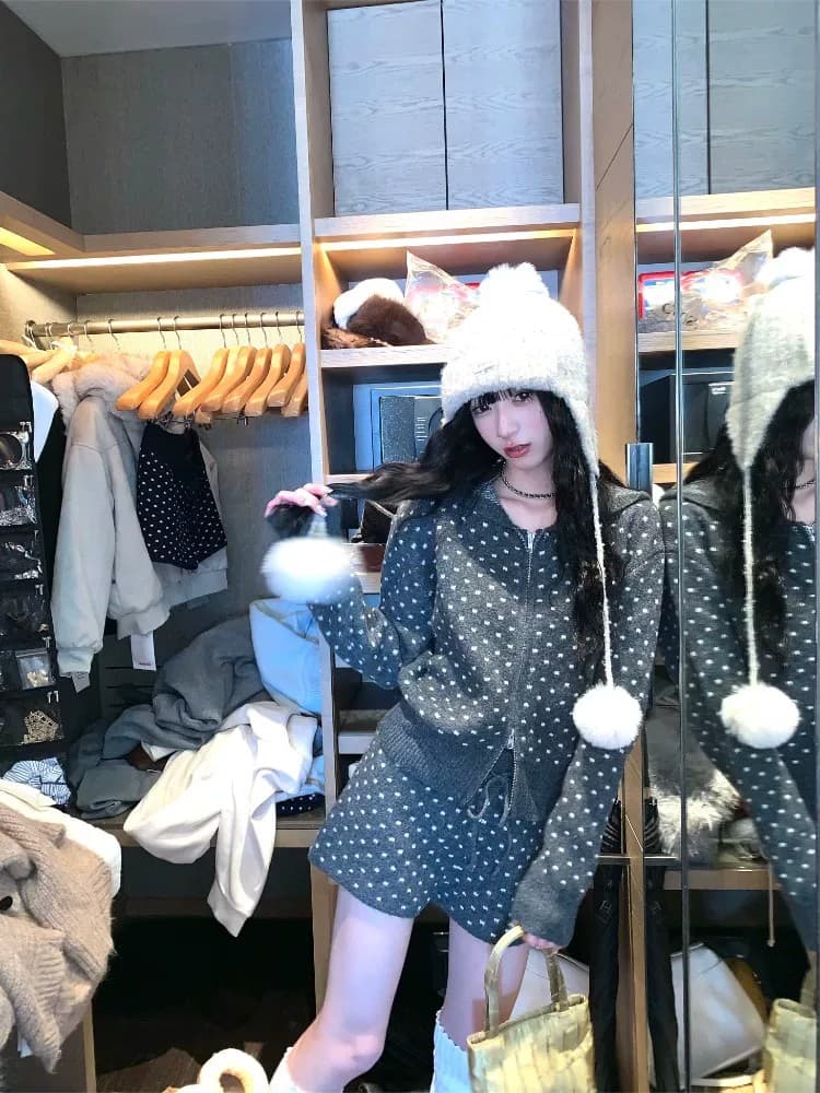 파란색 miu 부서 세트 긴팔 후드 지퍼 스웨터 코트 여성 의류 여름 펌프 로프 니트 반바지 투피스 세트 상세 이미지 4