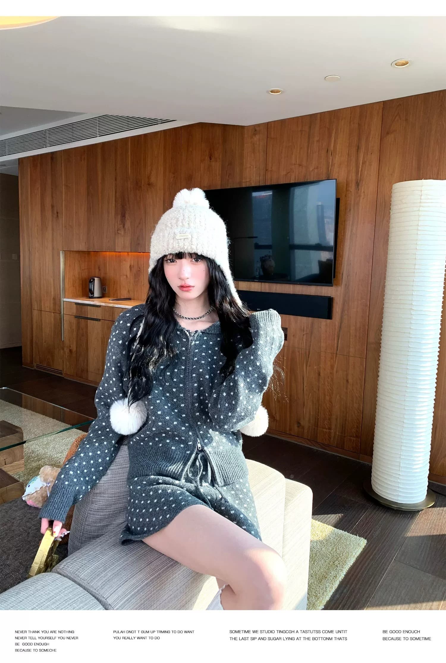 파란색 miu 부서 세트 긴팔 후드 지퍼 스웨터 코트 여성 의류 여름 펌프 로프 니트 반바지 투피스 세트 상세 이미지 16