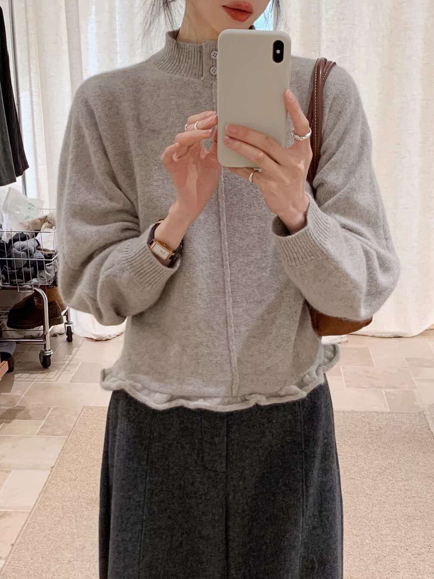 폴로 칼라 긴팔 데님 패치워크 더블 지퍼 니트 오픈 가디건 여성 가을 겨울 새로운 느긋한 바람 다용도 페이크 레이어드 스웨터 상세 이미지 1