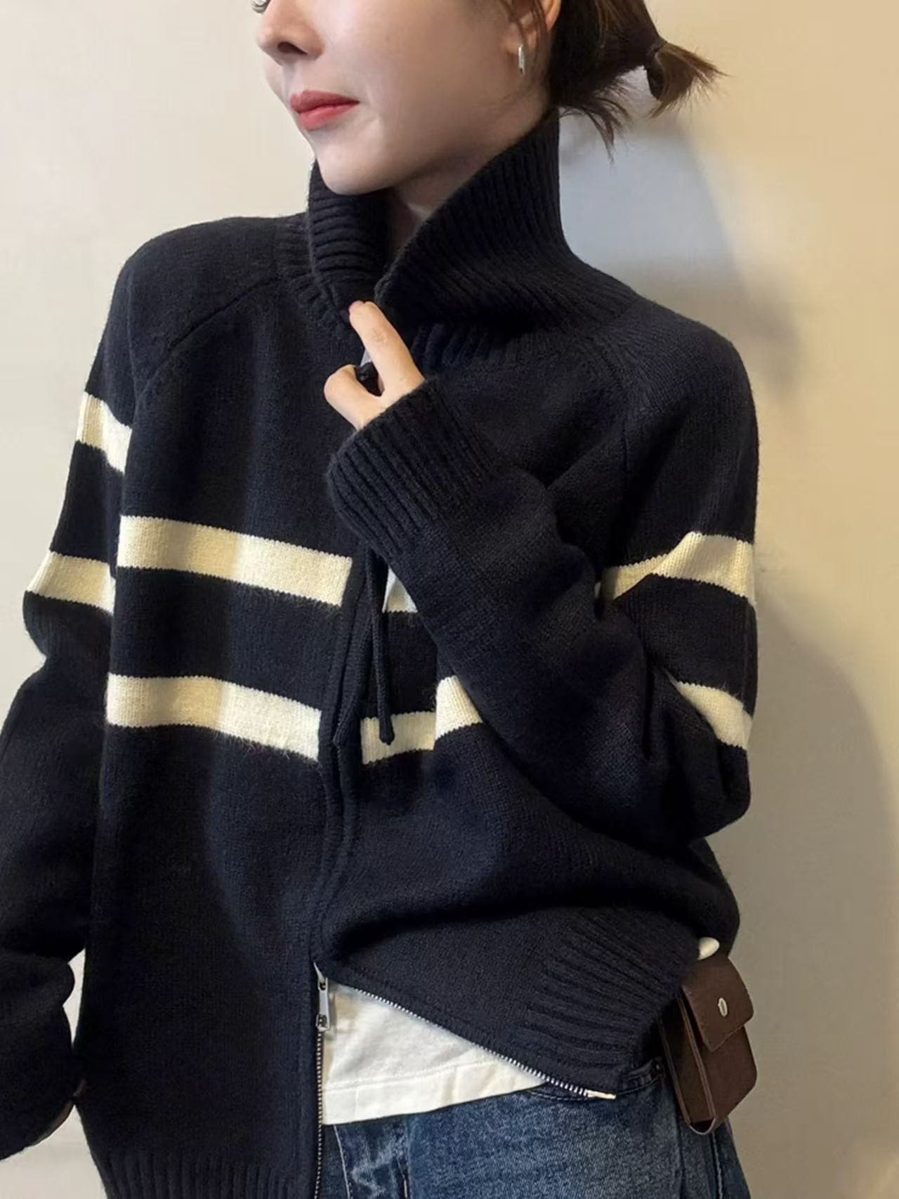 터틀넥 두꺼운 맨위 배색 지퍼 오픈 가디건 양모 프로 피부 스웨터 2026 가을 겨울 긴팔 편안함 니트 스웨터 여성 이미지 2