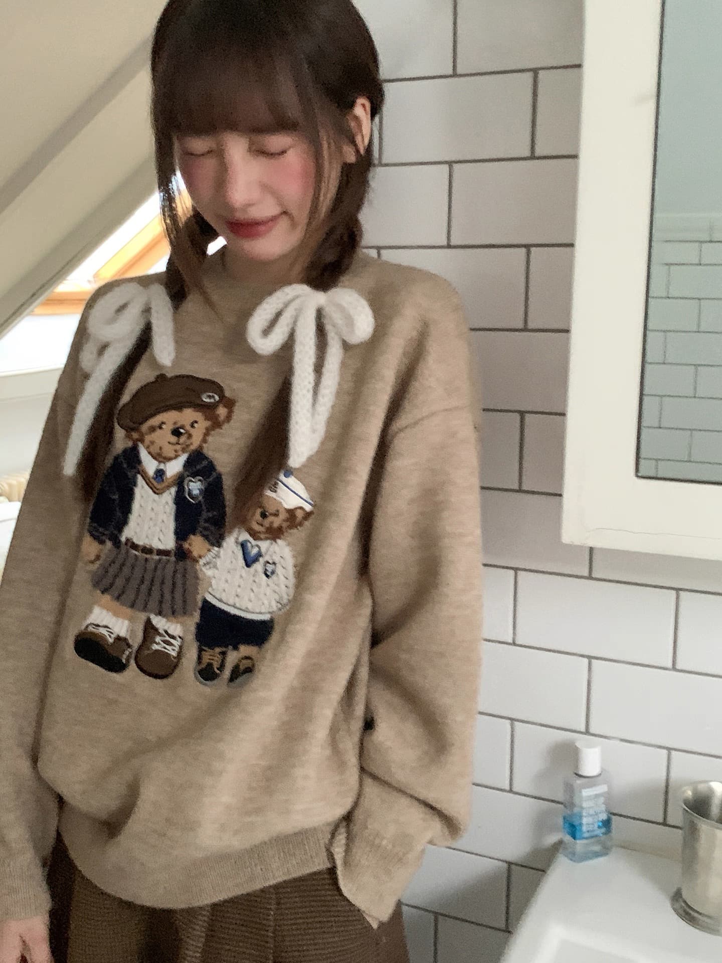 안녕하세요. 대포 학원 스타일 꽈배기 작은 곰 자수 자카드 니트 스웨터 여성 가을 새로운 부드러운 찹쌀 풀오버 상세 이미지 4