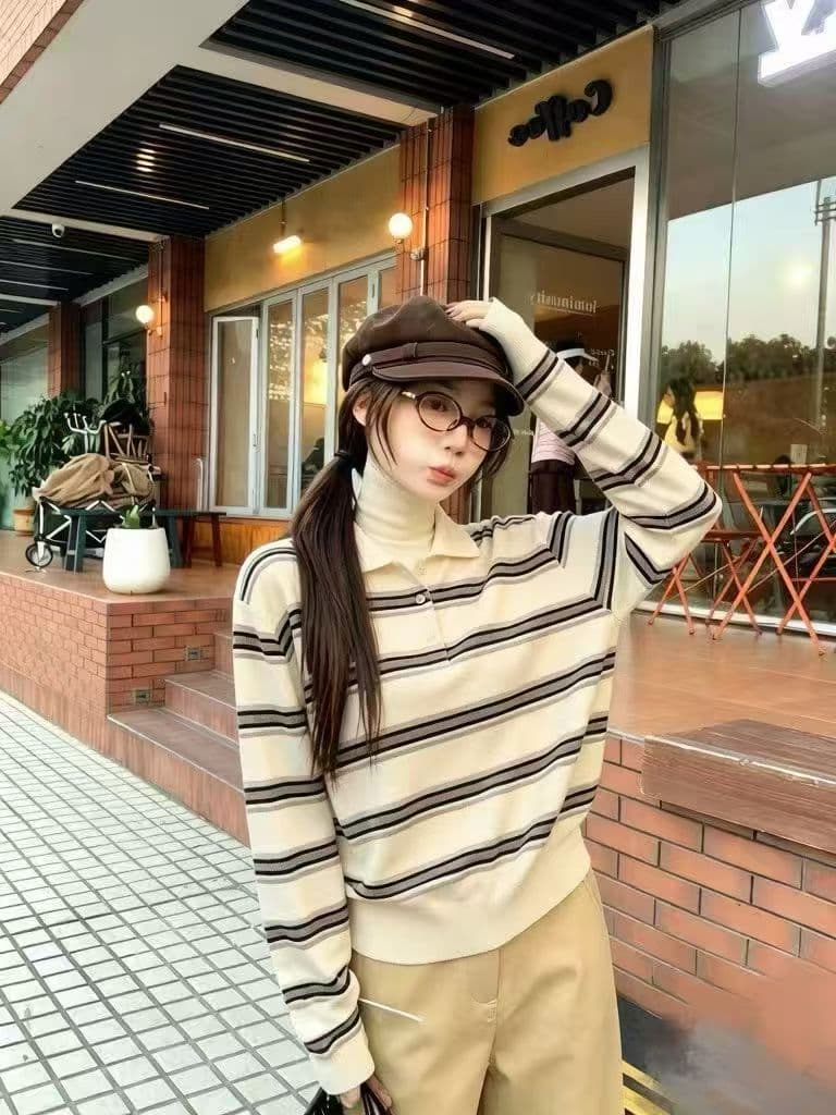 한 부서 miu 부서 스트라이프 POLO 칼라 니트 스웨터 여성 가을과 겨울 작은 대중 연령 감소 긴팔 다용도 맨위