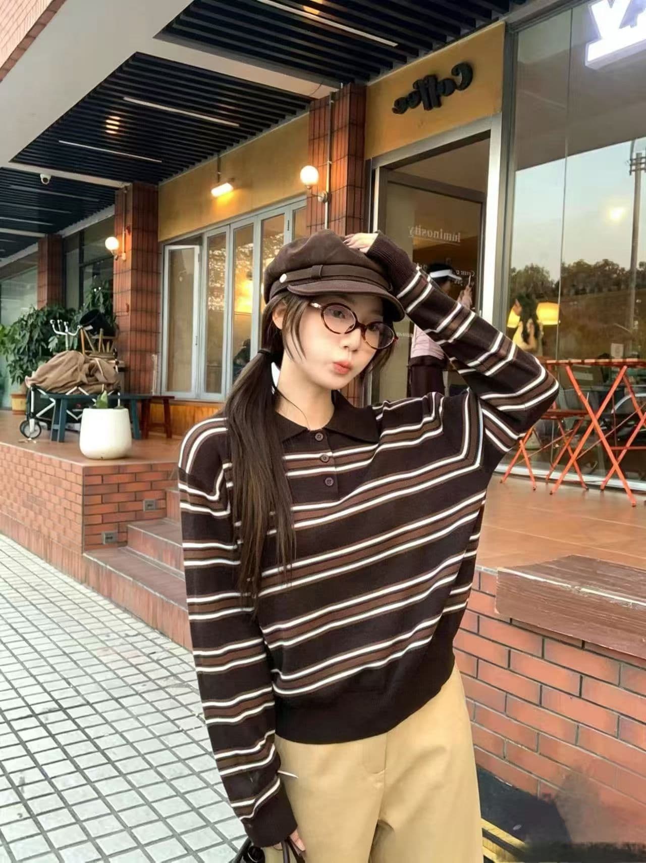 한 부서 miu 부서 스트라이프 POLO 칼라 니트 스웨터 여성 가을과 겨울 작은 대중 연령 감소 긴팔 다용도 맨위 상세 이미지 4