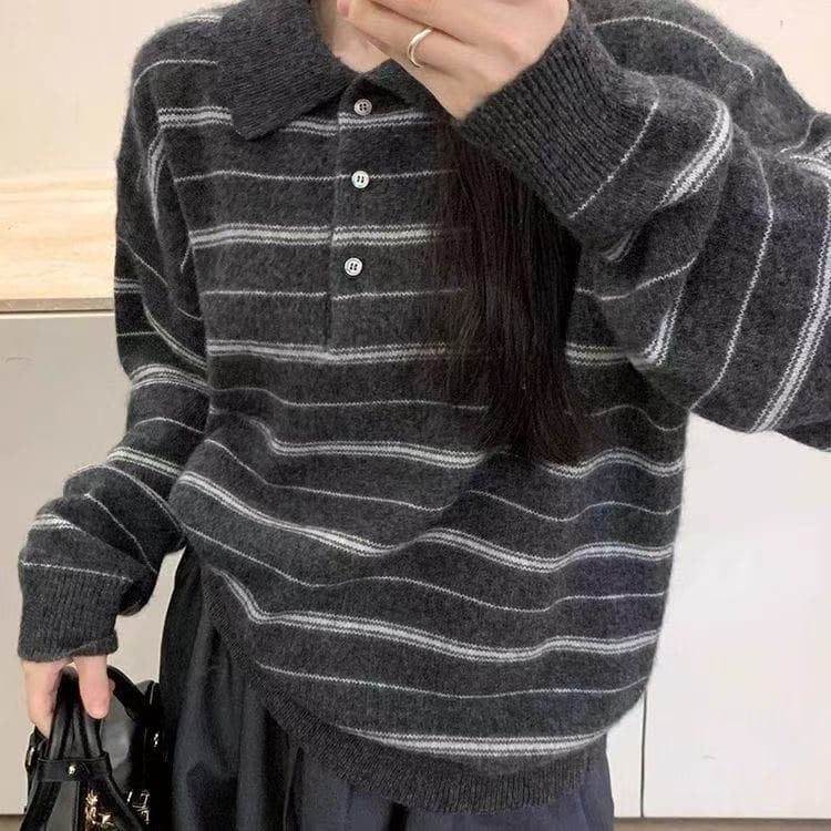 레트로 회색 스트라이프 POLO 칼라 스웨터 여자 가을 오래된 돈 바람 착용 가져 가라. 느긋한 와이드 부드러운 찹쌀 니트 스웨터 맨위 상세 이미지 3