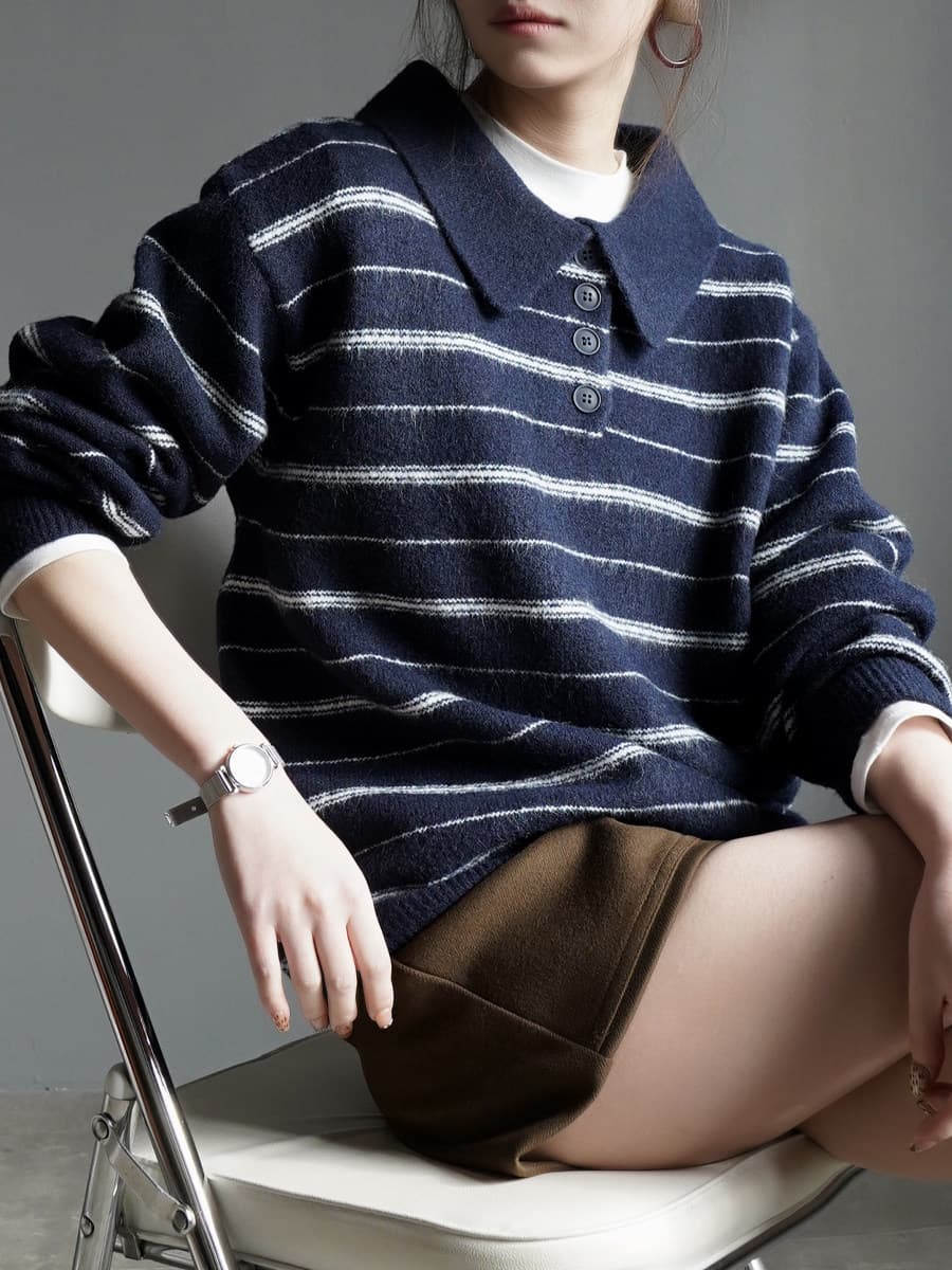 레트로 회색 스트라이프 POLO 칼라 스웨터 여자 가을 오래된 돈 바람 착용 가져 가라. 느긋한 와이드 부드러운 찹쌀 니트 스웨터 맨위 상세 이미지 5
