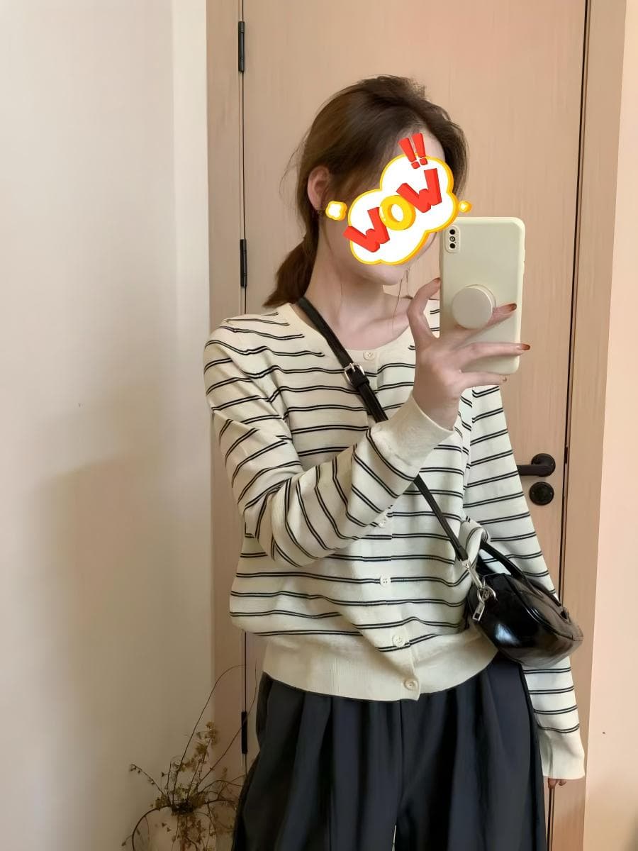 한 부서 봄 가을 새로운 한 부서 라운드 넥 레트로 스트라이프 부드러운 느긋한 니트 오픈 가디건 배색 맨위 스웨터 코트 상세 이미지 1