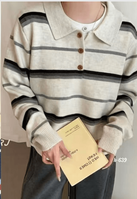 레트로 POLO 칼라 스트라이프 풀오버 스웨터 여자 2026 가을 겨울 한 부서 새로운 품격 다용도 슬림해 보이는 루즈핏 맨위 상세 이미지 5