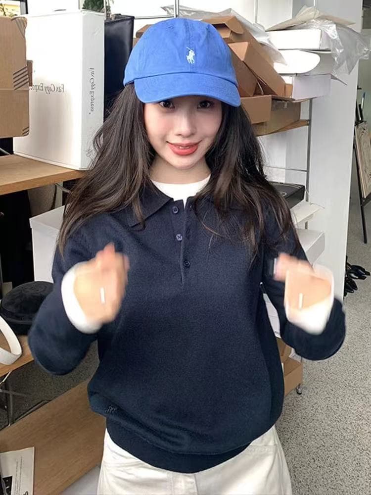 학원 스타일 회색 POLO 칼라 스웨터 여자 봄 가을 2026 새로운 루즈핏 슬림해 보이는 다용도 긴팔 니트 스웨터 맨위 상세 이미지 4