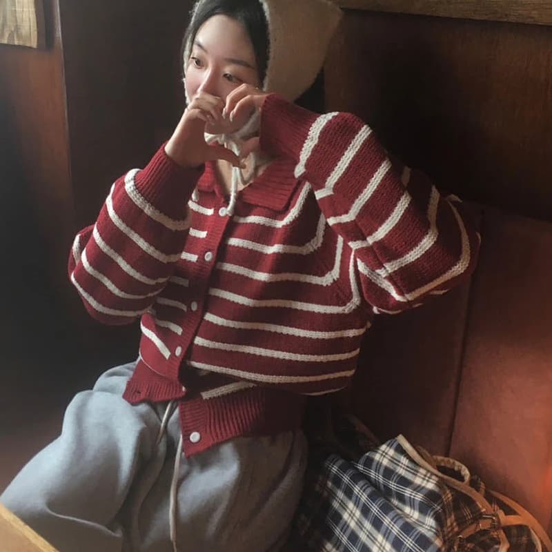 한국 chic 가을 겨울 학원 스타일 레트로 싱글 줄 버튼 폴로 칼라 스트라이프 니트 스웨터 여성 다용도 캐주얼 스웨터 코트 상세 이미지 3