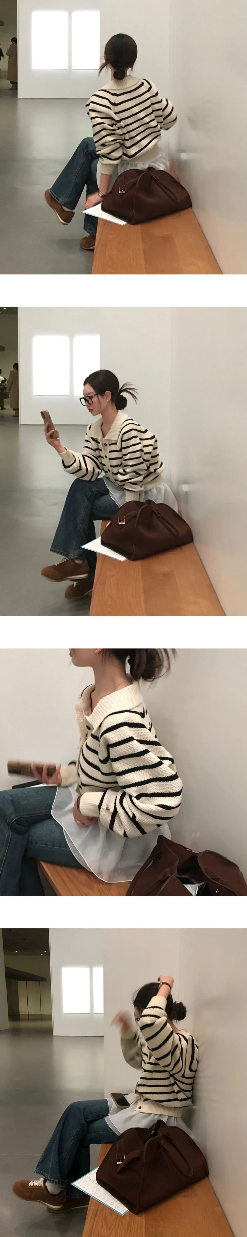 한국 chic 가을 겨울 학원 스타일 레트로 싱글 줄 버튼 폴로 칼라 스트라이프 니트 스웨터 여성 다용도 캐주얼 스웨터 코트 상세 이미지 13
