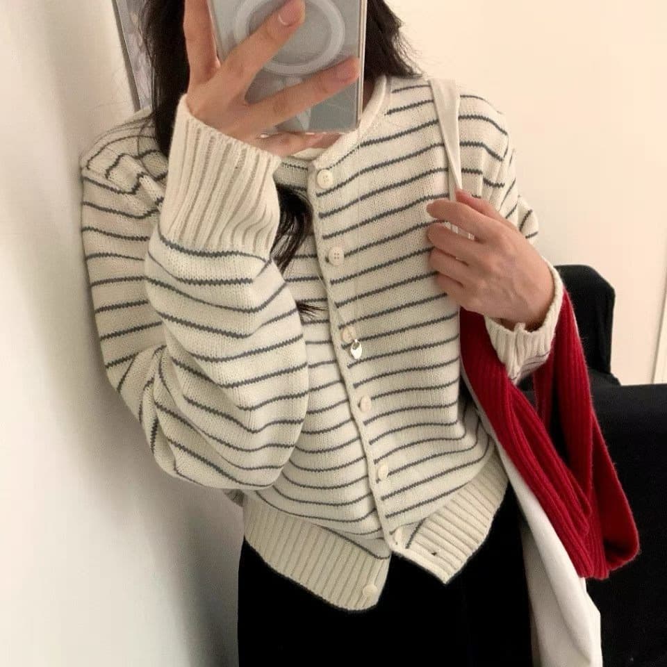 프랑스식 작은 샤넬 스타일 다용도 스트라이프 니트 오픈 가디건 봄 가을 새로운 여성 의류 루즈핏 고급 센스 스택 착용 스웨터 코트 상세 이미지 5