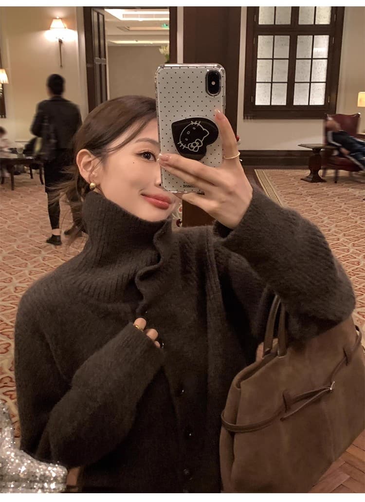 포함 양모 저항 올린 사람 : 공 터틀넥 스웨터 오픈 가디건 여성 새로운 레트로 폴로 칼라 루즈핏 품격 재킷 니트 맨위 상세 이미지 13