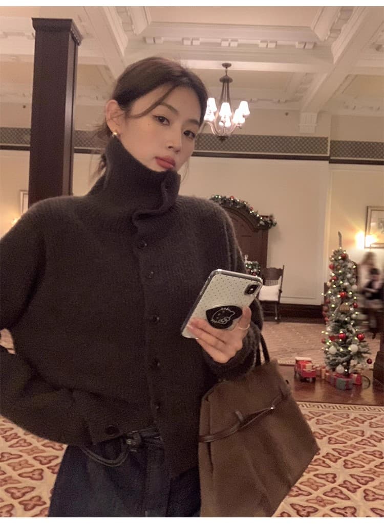 포함 양모 저항 올린 사람 : 공 터틀넥 스웨터 오픈 가디건 여성 새로운 레트로 폴로 칼라 루즈핏 품격 재킷 니트 맨위 상세 이미지 14