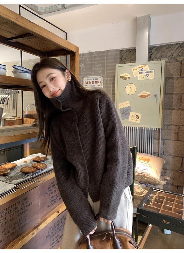 포함 양모 저항 올린 사람 : 공 터틀넥 스웨터 오픈 가디건 여성 새로운 레트로 폴로 칼라 루즈핏 품격 재킷 니트 맨위 상세 이미지 17