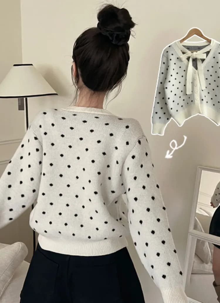 한국 스타일 chic 작은 대중 리본 도트 무늬 단추 루즈핏 라운드 넥 오픈 가디건 긴팔 스웨터 여자 상세 이미지 7
