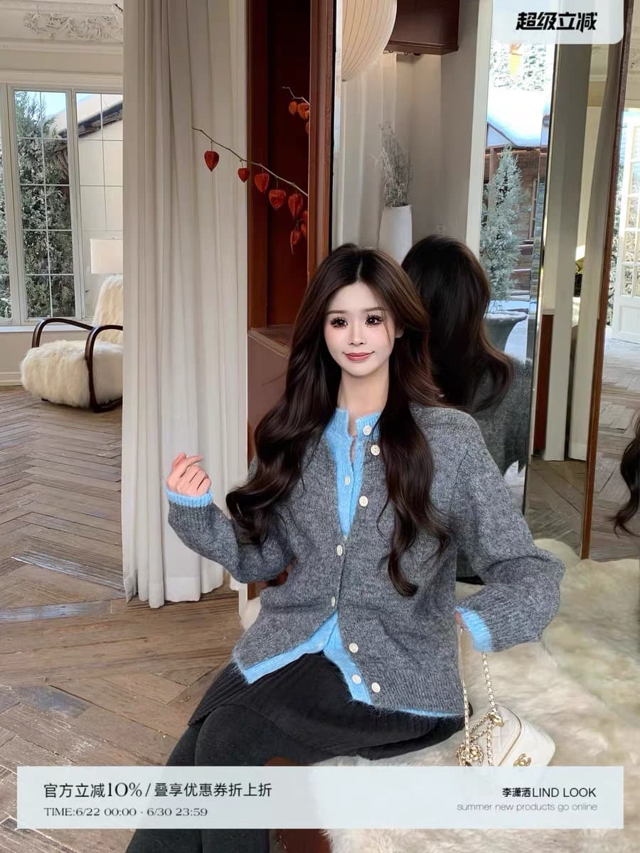 한 부서 페이크 레이어드 따뜻한 부드럽다 찹쌀 녹색 스웨터 오픈 가디건 여성 루즈핏 봄 가을 겨울 연령 감소 작은 청신 니트 재킷 상세 이미지 1