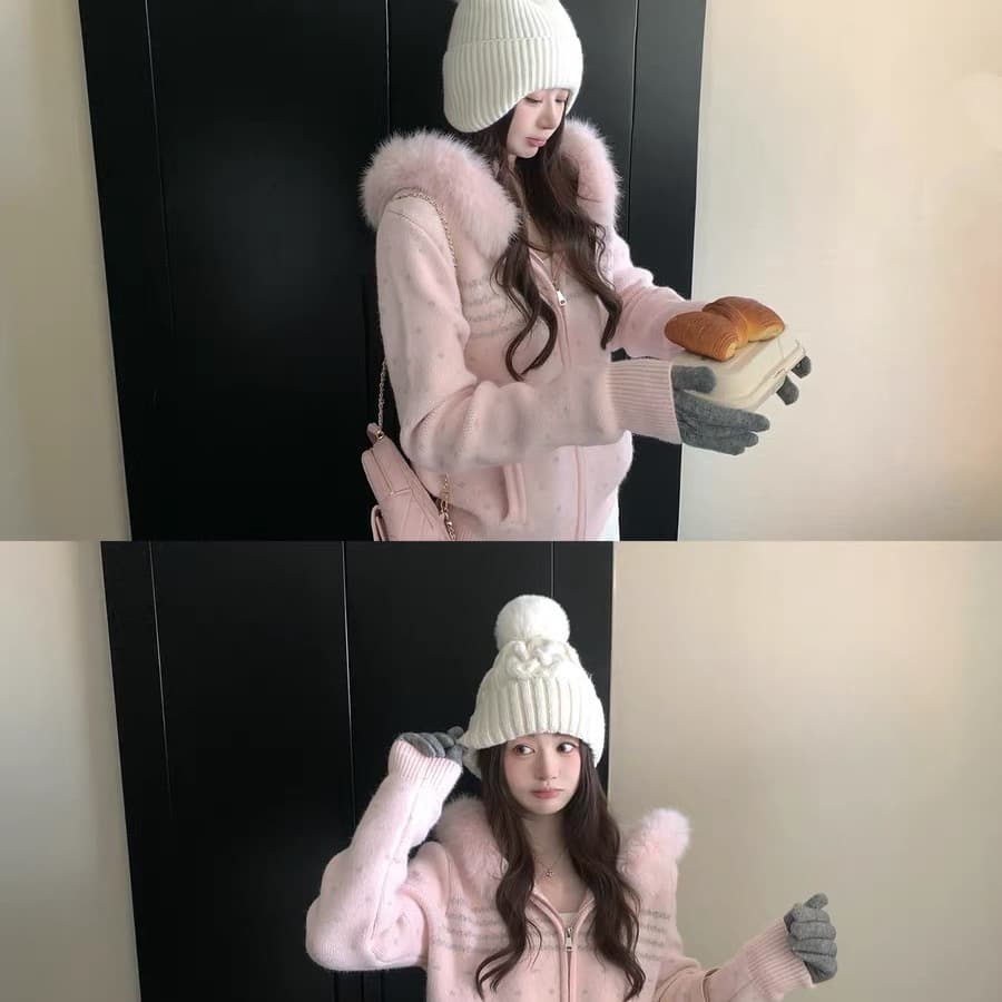 공정한 섬 후드 지퍼 니트 스웨터 탈착식 플리스 품격 보온 쇼트 스타일 스웨터 코트 가을 겨울철 새로운 상세 이미지 5