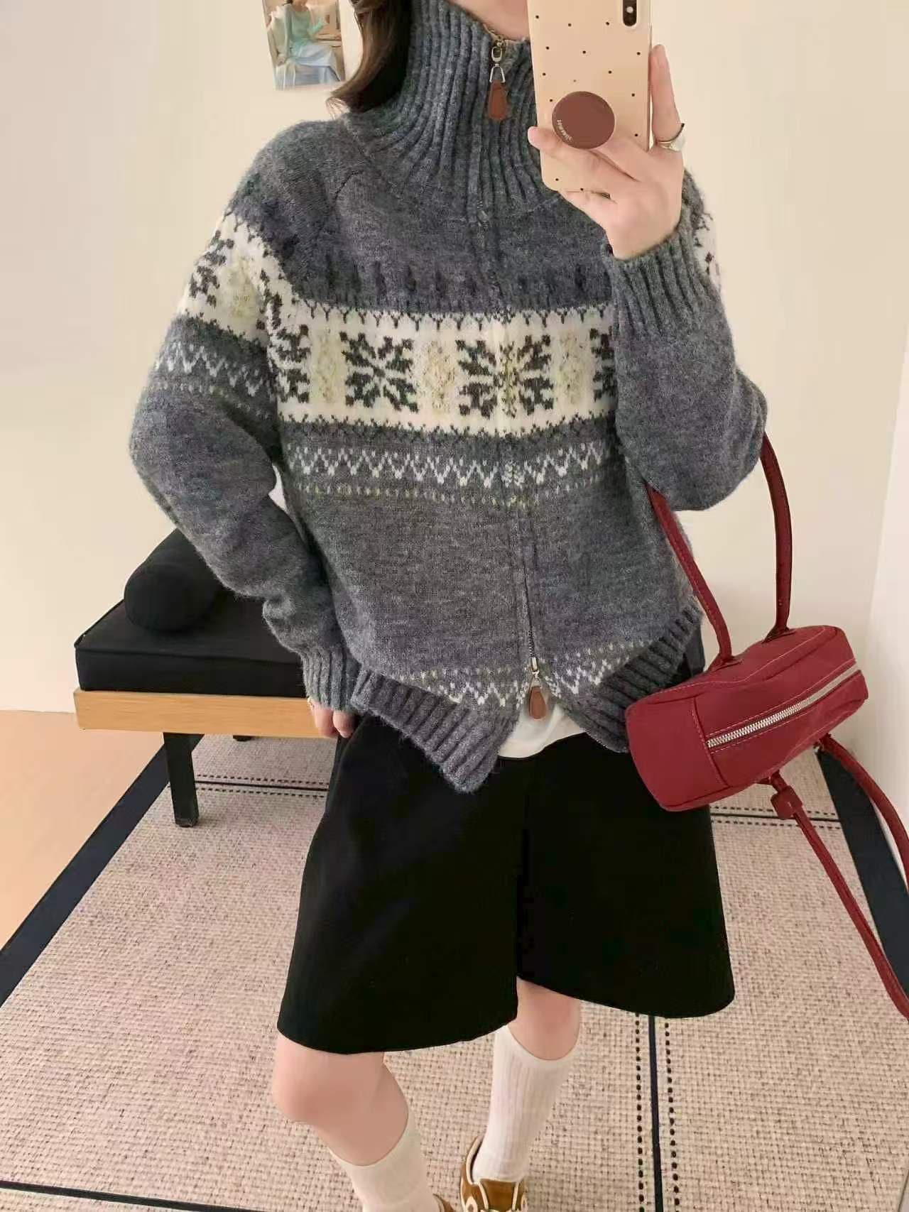 느긋한 느슨함 센스 스웨터 수 있습니다. 외출용 인사이드 가져 가라. 공정한 섬 회색 자카드 터틀넥 지퍼 두꺼움 니트 여성 코트 이미지 3