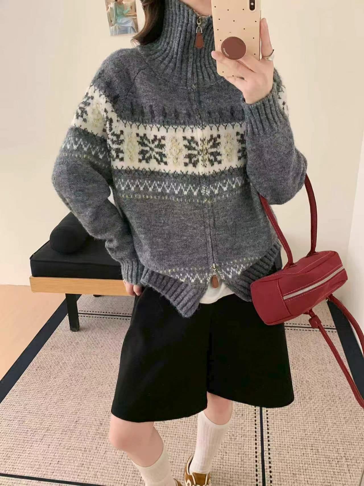 느긋한 느슨함 센스 스웨터 수 있습니다. 외출용 인사이드 가져 가라. 공정한 섬 회색 자카드 터틀넥 지퍼 두꺼움 니트 여성 코트 상세 이미지 1