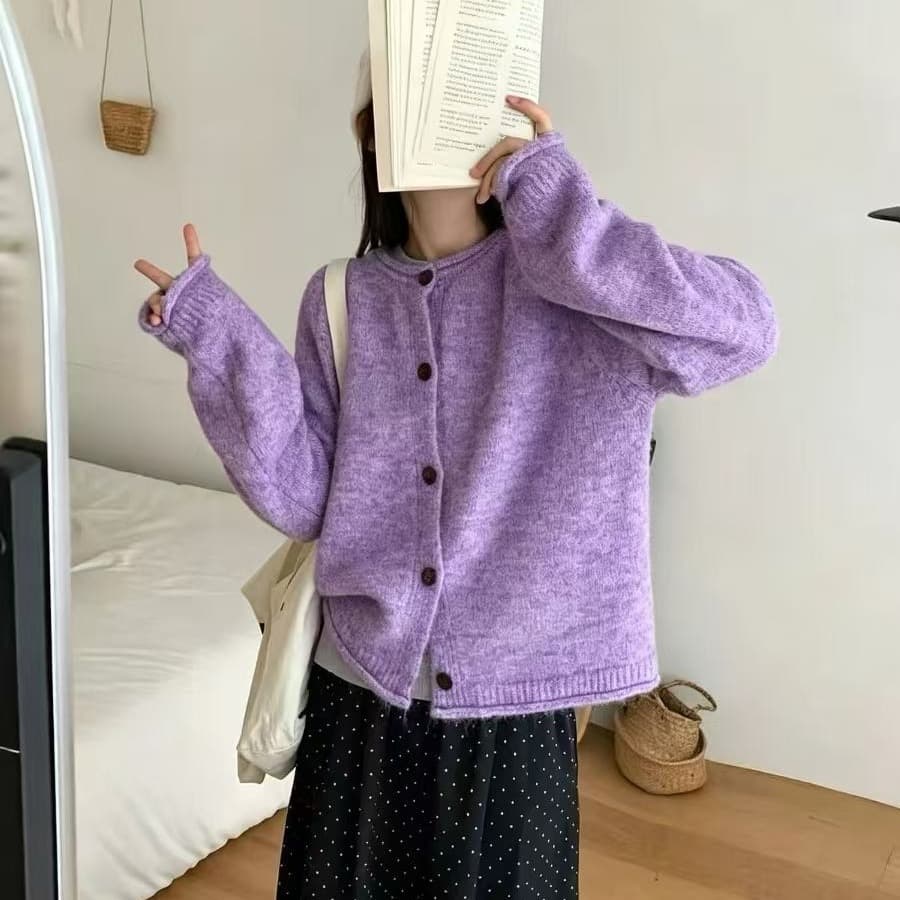 ins 바람 기초 섹션 라운드 넥 니트 오픈 가디건 기타 색상 시스템 부드러운 찹쌀 프로 피부 루즈핏 느긋한 스웨터 외출용 맨위 여성 상세 이미지 2