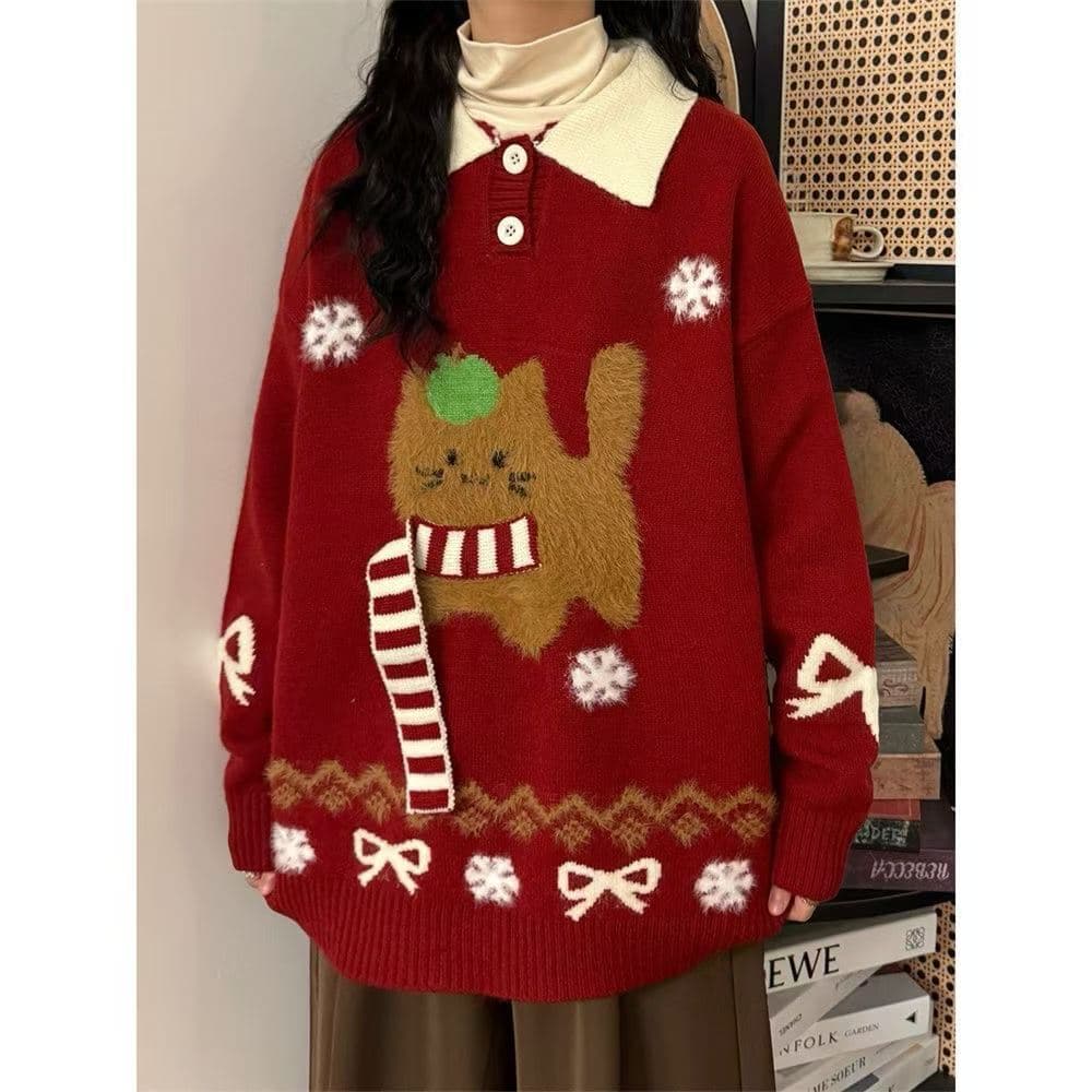 강아지 스카프 배색 폴로 칼라 스웨터 여자 공정한 섬 작은 대중 루즈핏 느긋한 센스 달콤함 니트 맨위 상세 이미지 3