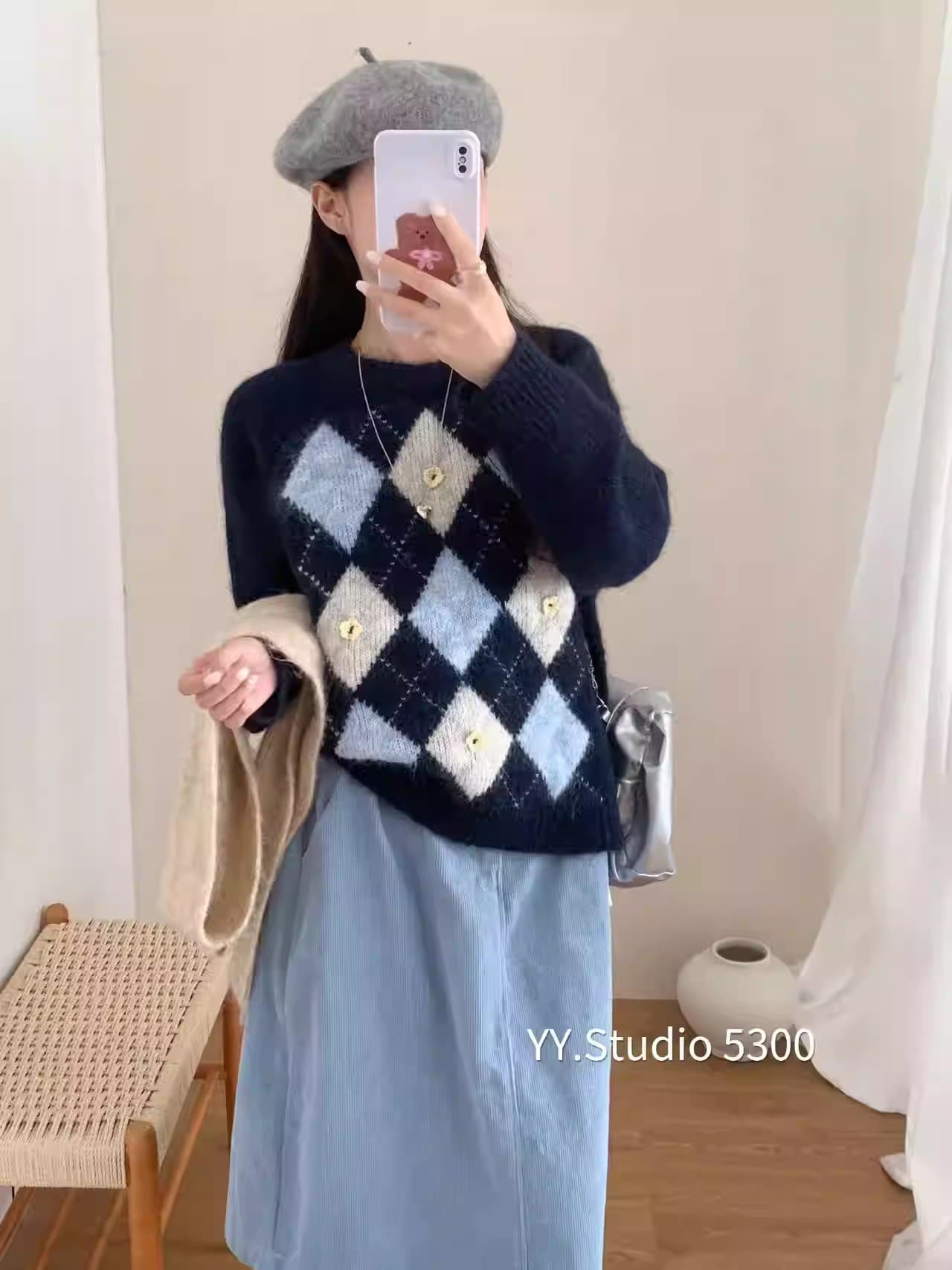 미니멀리즘 학원 스타일 레트로 다이아몬드 모양 格套 머리 스웨터 여자 가을 겨울 새로운 캐주얼 루즈핏 다용도 라운드 넥 니트 스웨터 이미지 4