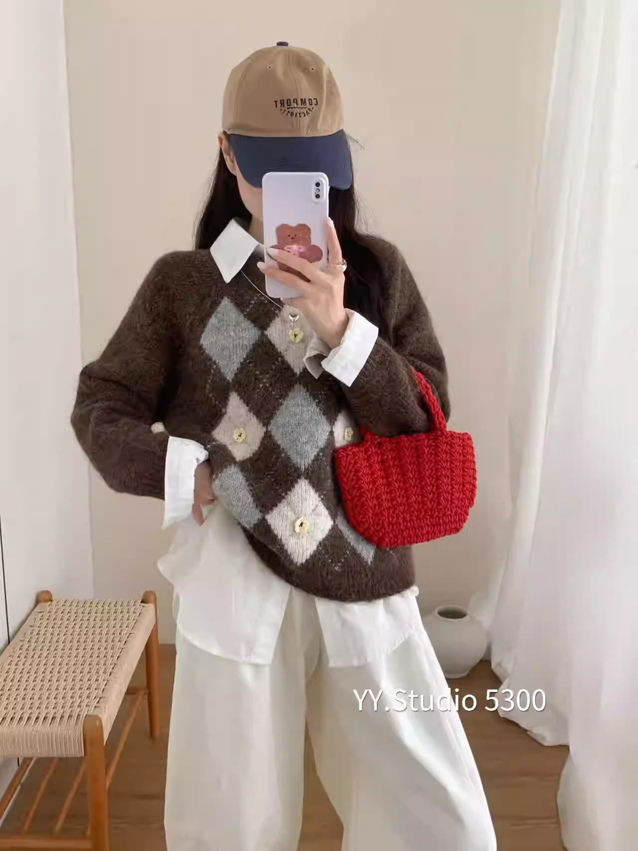 미니멀리즘 학원 스타일 레트로 다이아몬드 모양 格套 머리 스웨터 여자 가을 겨울 새로운 캐주얼 루즈핏 다용도 라운드 넥 니트 스웨터 상세 이미지 4