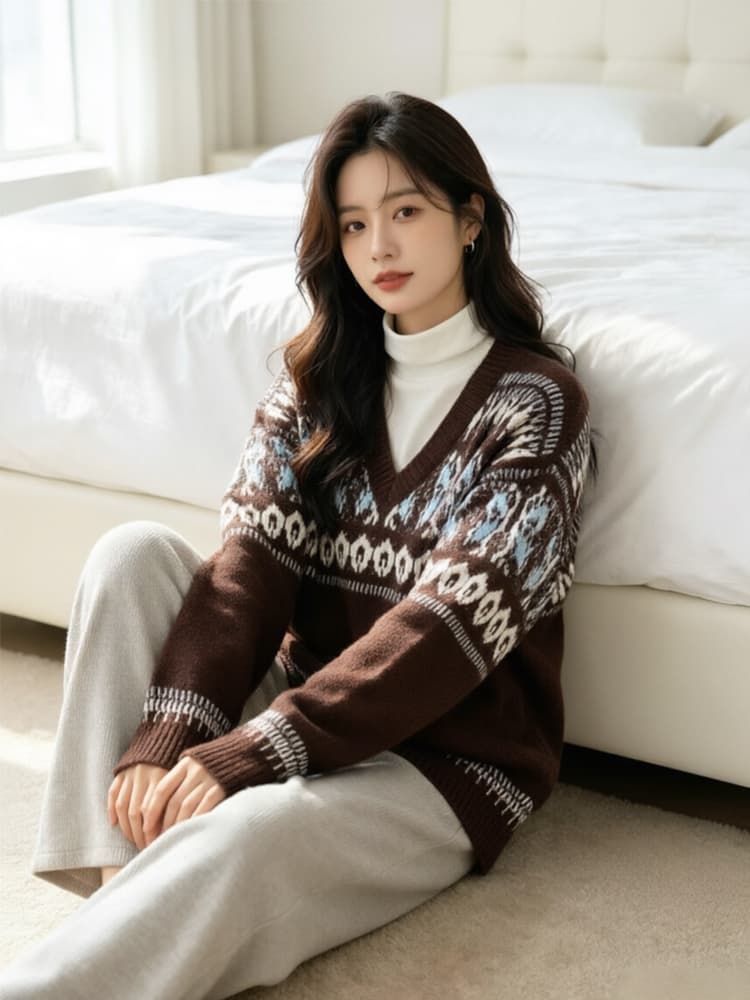 한 부서 레트로 공정한 섬 자카드 V넥 스웨터 여자 가을 겨울 루즈핏 니트 스웨터 맨위 이미지 4