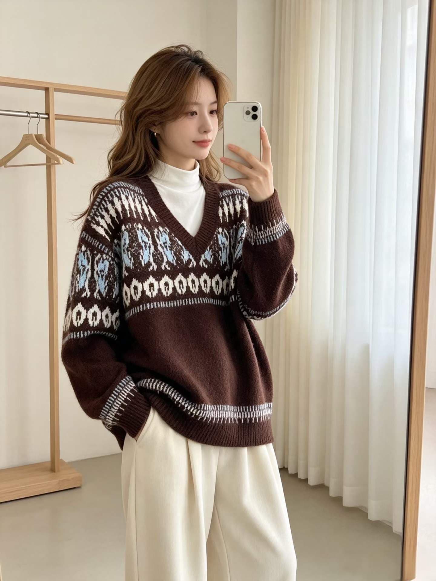 한 부서 레트로 공정한 섬 자카드 V넥 스웨터 여자 가을 겨울 루즈핏 니트 스웨터 맨위 상세 이미지 2