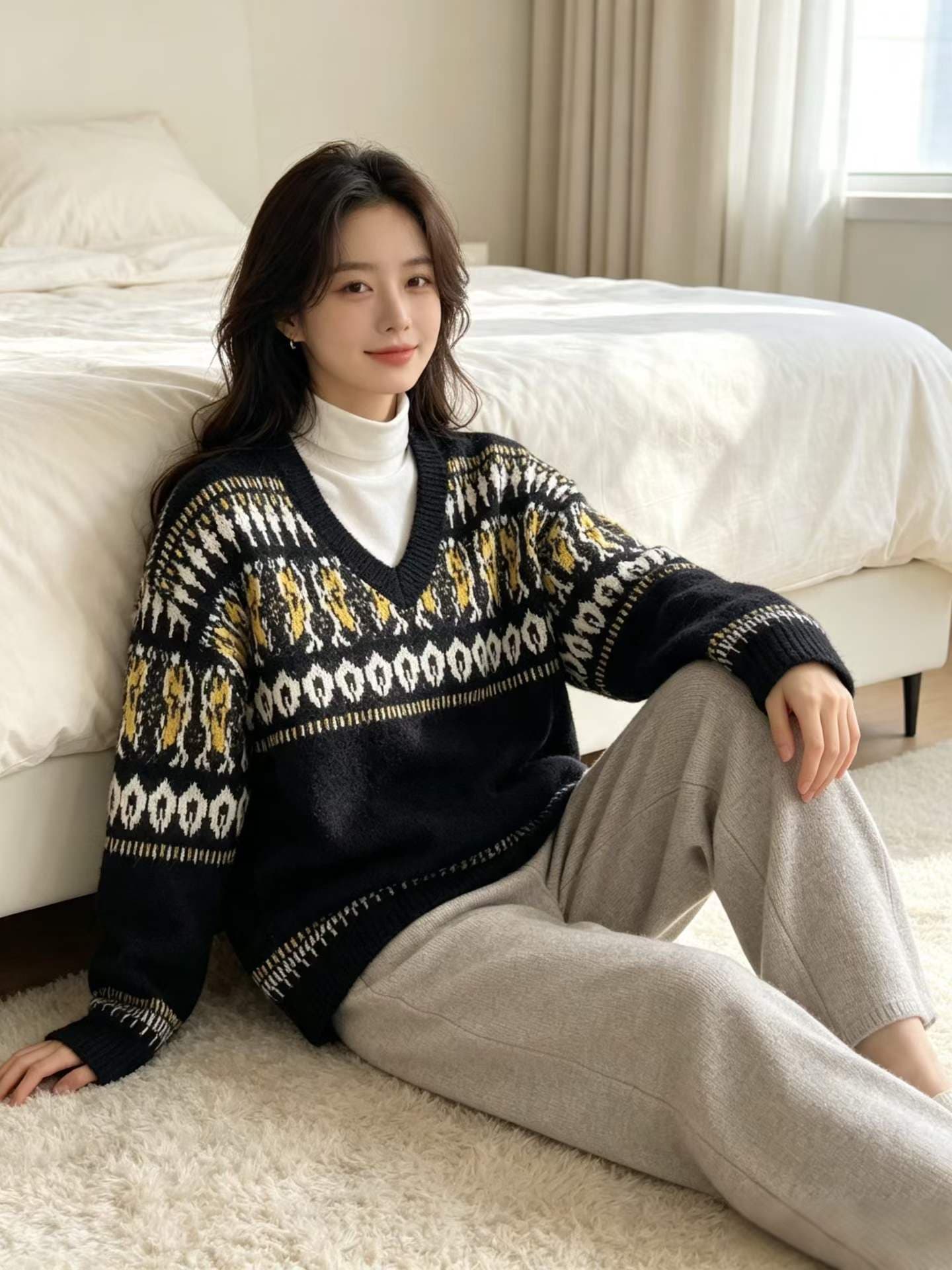 한 부서 레트로 공정한 섬 자카드 V넥 스웨터 여자 가을 겨울 루즈핏 니트 스웨터 맨위 상세 이미지 3
