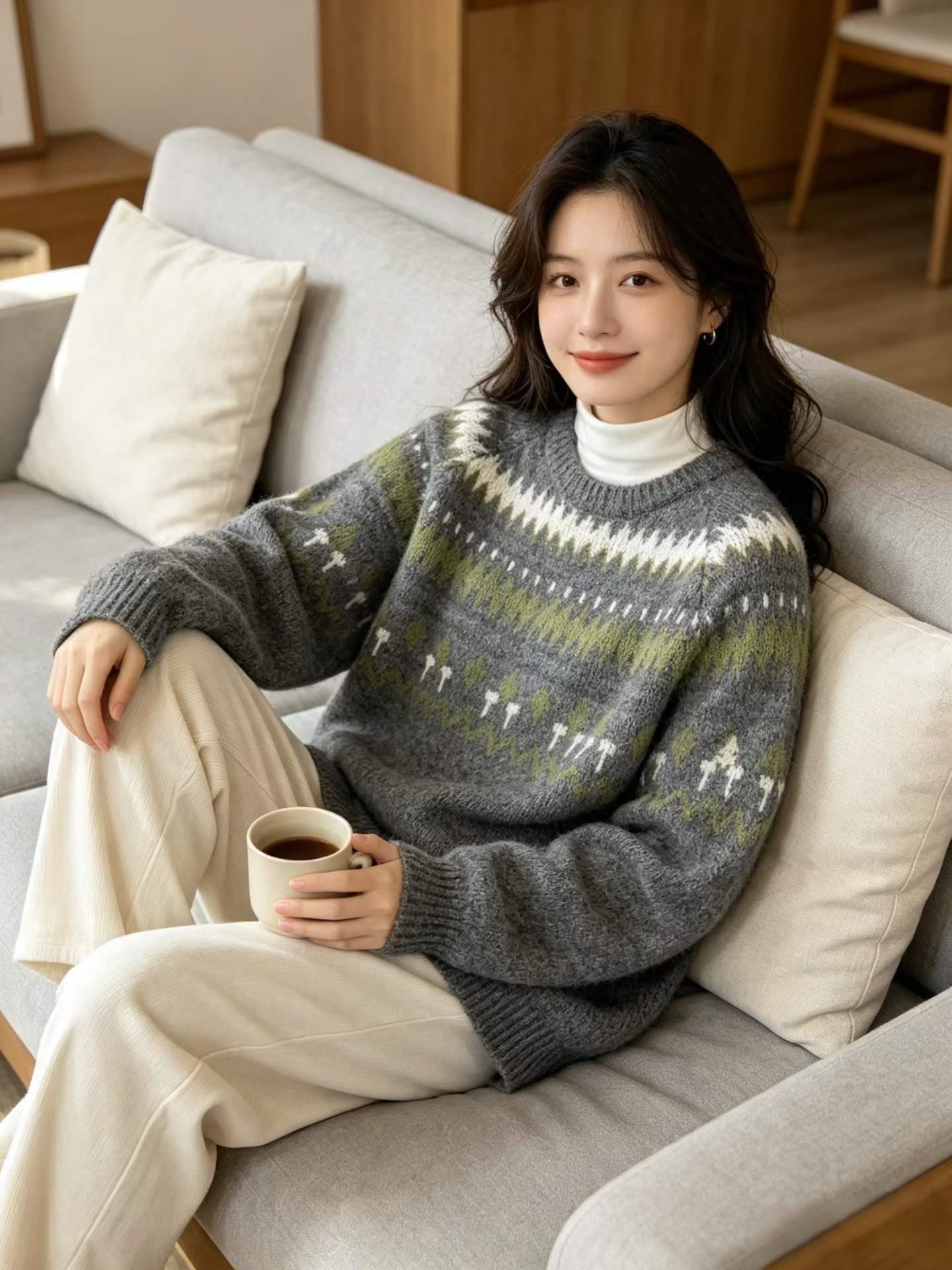 공정한 섬 자카드 라운드 넥 스웨터 여자 2026 새로운 루즈핏 레트로 배색 풀오버 부드러운 찹쌀 니트 스웨터 이미지 2