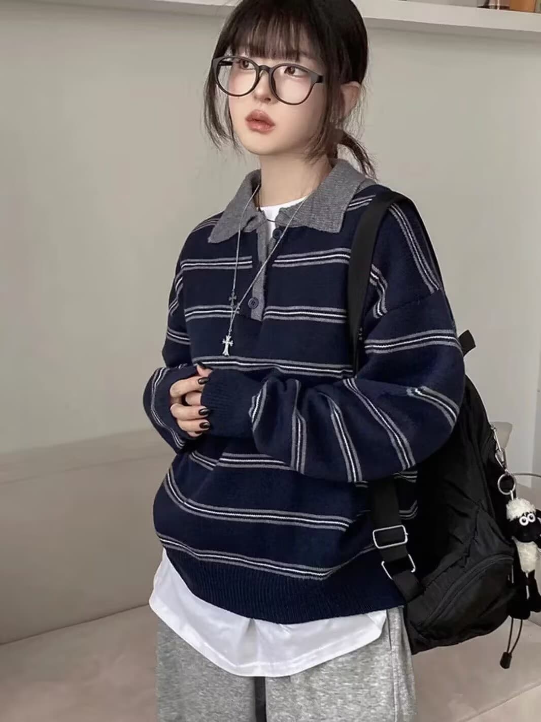 레트로 한 부서 연령 감소 캐주얼 다용도 루즈핏 배색 스트라이프 폴로 칼라 긴팔 니트 스웨터 스웨터 이미지 2