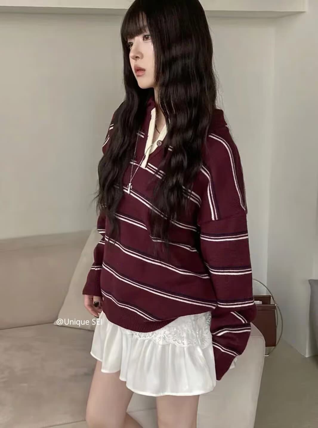 레트로 한 부서 연령 감소 캐주얼 다용도 루즈핏 배색 스트라이프 폴로 칼라 긴팔 니트 스웨터 스웨터 상세 이미지 4