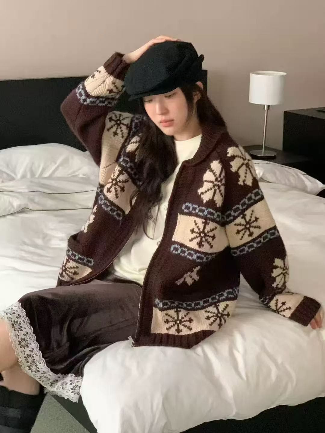 chic 한 부서 레트로 공정한 섬 자카드 재킷 가을 겨울 느긋한 바람 루즈핏 스웨터 오픈 가디건 여성