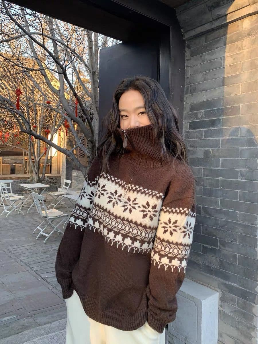 레트로 공정한 섬 두꺼운 2026 가을 새로운 느긋한 바람 루즈핏 자카드 카디건 폴로 칼라 지퍼 여성 상세 이미지 6