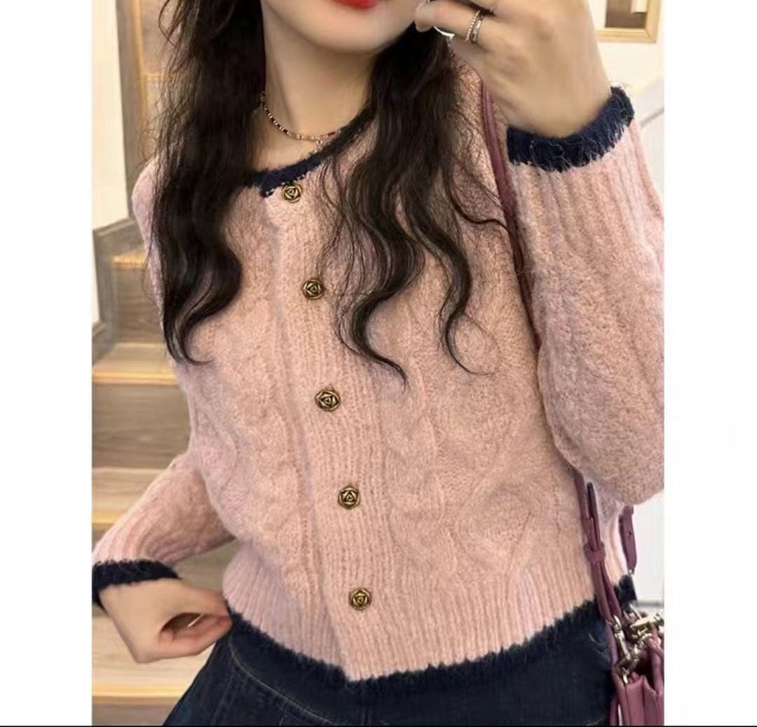 우유 파란색 부드러운 바람 레트로 꽈배기 라운드 넥 니트 오픈 가디건 여성 가을 부드러운 찹쌀 모헤어 느긋한 스웨터 코트 이미지 4