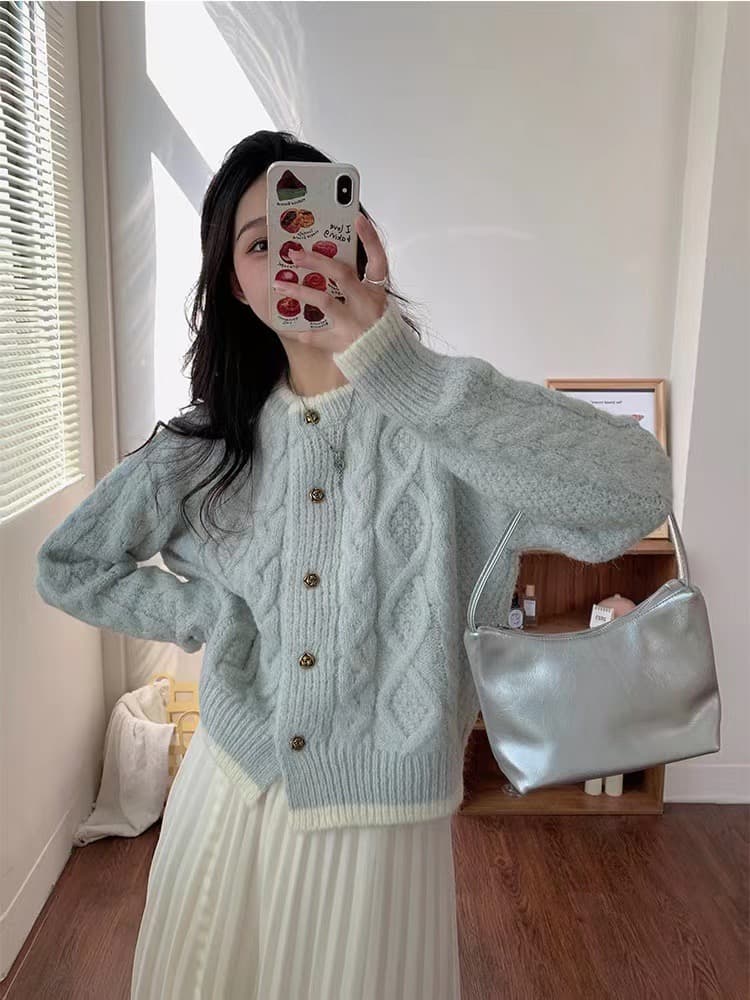 우유 파란색 부드러운 바람 레트로 꽈배기 라운드 넥 니트 오픈 가디건 여성 가을 부드러운 찹쌀 모헤어 느긋한 스웨터 코트 상세 이미지 1