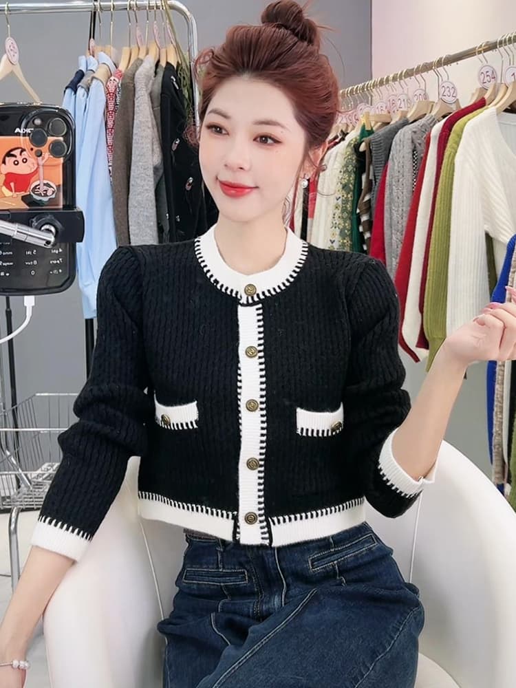 다용도 패션 패치워크 색상 품격 라운드 넥 긴팔 카디건 코트 스웨터 2026 가을 새로운 이미지 4